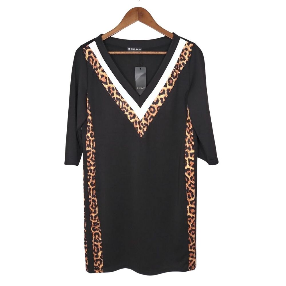 Sheilay Black V-Neck Animal Print Striped Accent Plus Size Mini Dress Sz 14